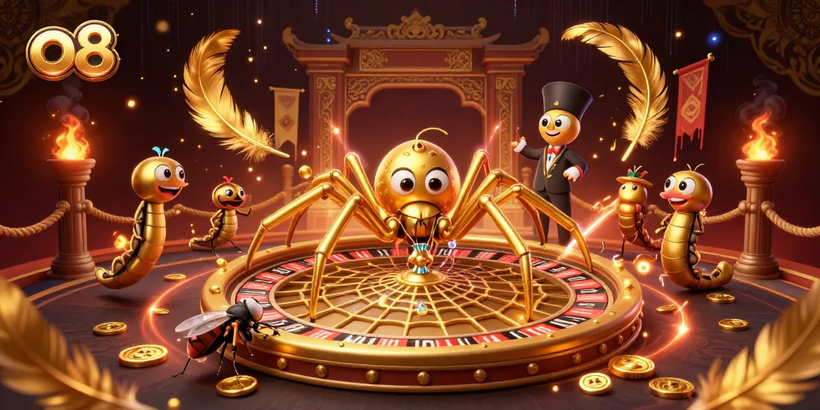 Engage in thrilling bets at o 8 with a golden spider spinning a roulette wheel web, enhancing your gaming experience.