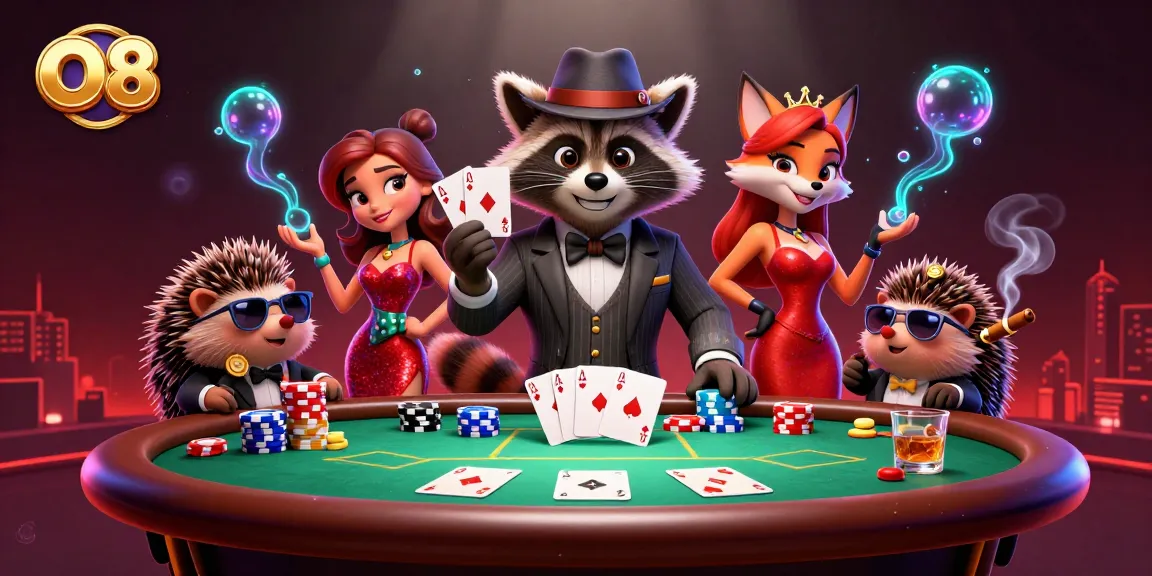Engage in thrilling gameplay with O8 as a raccoon holds a royal flush at a dynamic poker table.