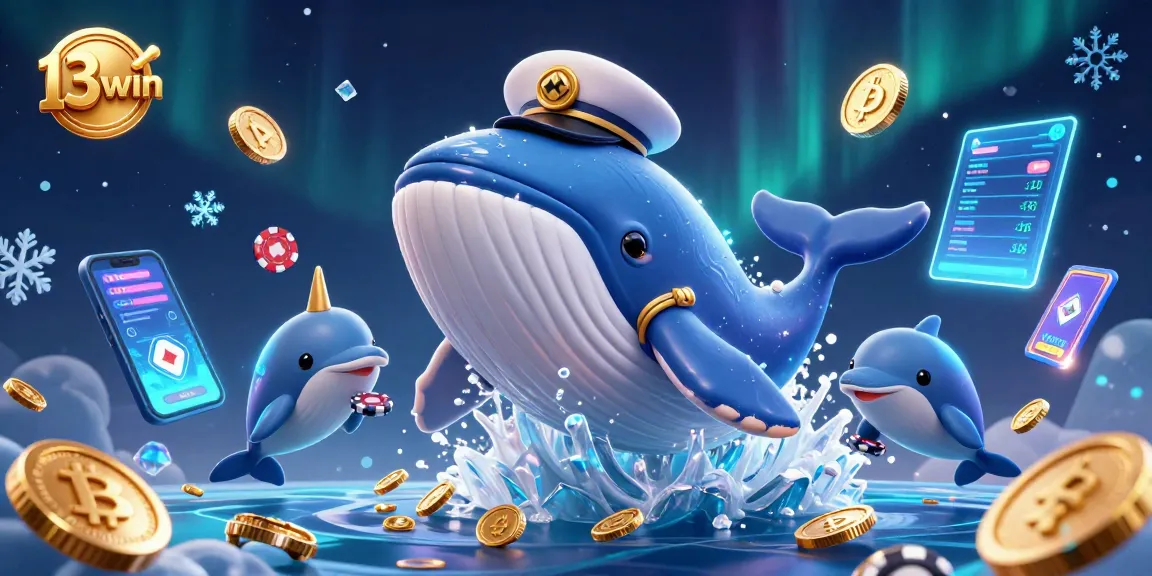Experience the thrill of 13win with vibrant casino elements, featuring a majestic whale and playful dolphins.