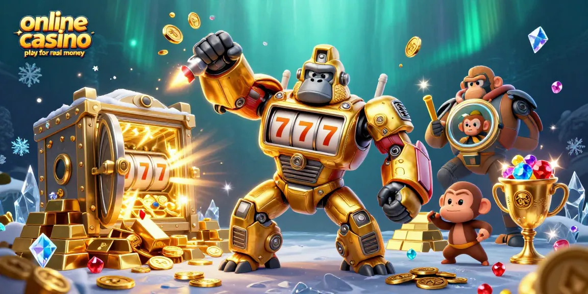 Engage in online casino play for real money with a golden gorilla mech winning big.