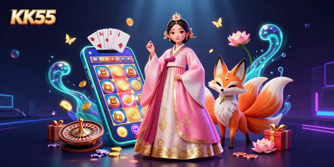 Win big with KK55 in this colorful casino scene featuring engaging slot game elements.
