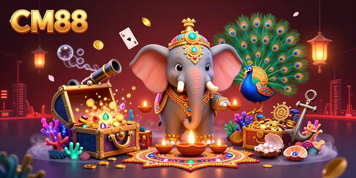 Engage with CM88's vibrant casino world, showcasing a majestic elephant, peacock, and treasure elements.