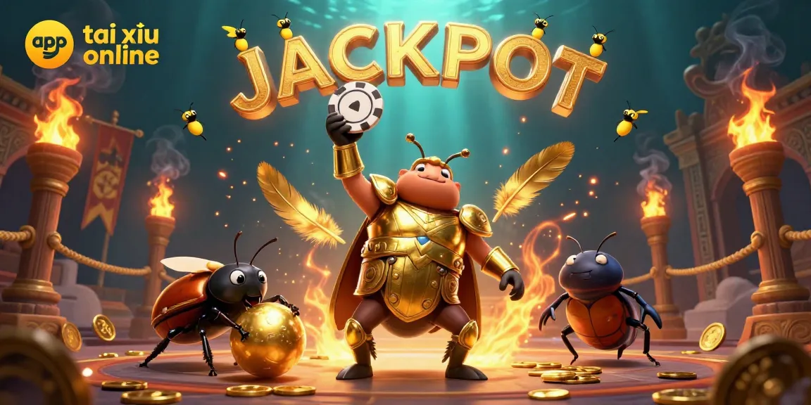 Engage with the thrilling app tài xỉu online, where a heroic beetle celebrates a jackpot win amidst glowing golden visuals.