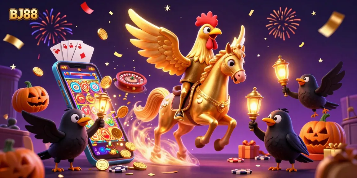 BJ88's dazzling casino adventure features a golden rooster riding a spectral horse amid vibrant slot games and festive decorations.