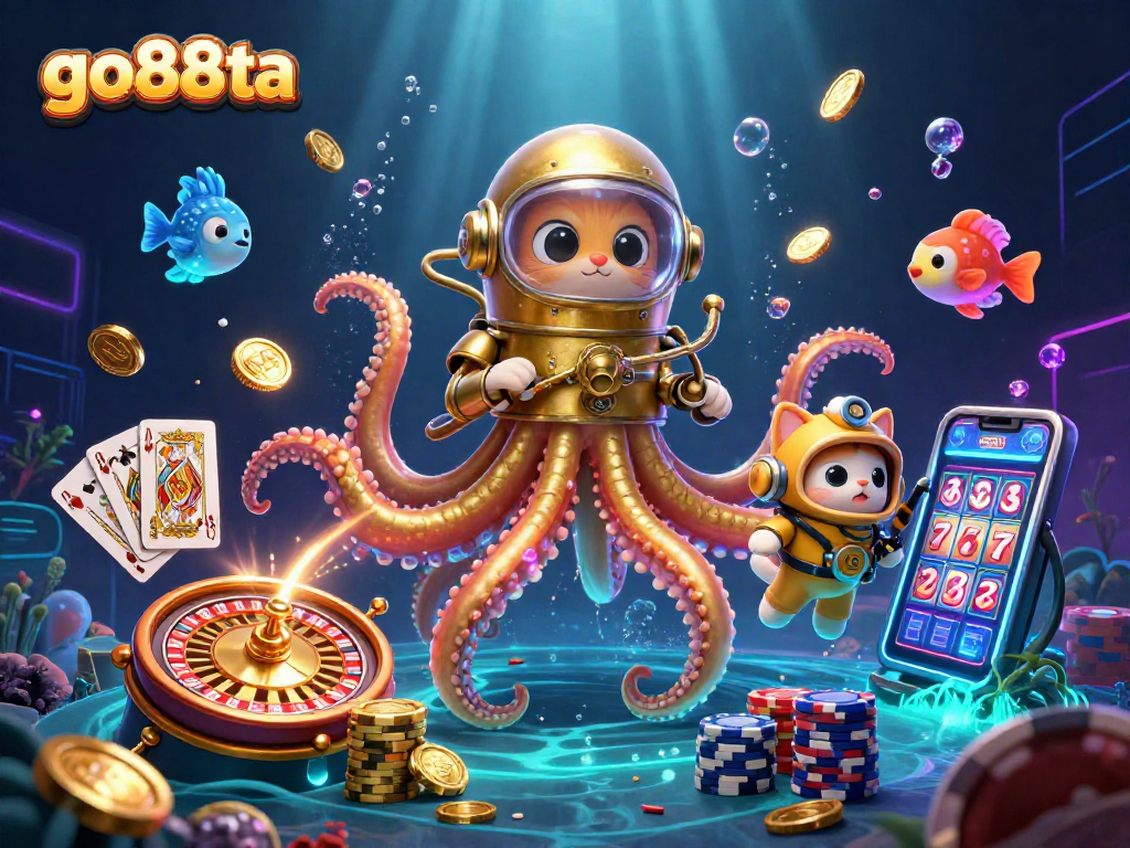 Engage with go88ta's thrilling adventure featuring a kraken and diving cat in a vibrant underwater casino