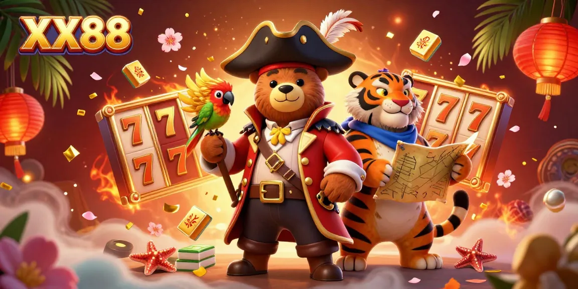Engage in exciting slot action with XX88's vibrant pirate-themed casino illustration, showcasing dynamic game elements.