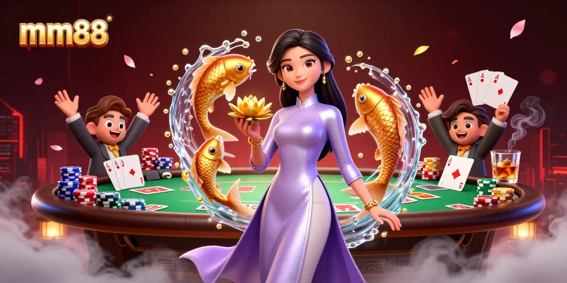 Experience the excitement of mm88 as the Asian woman elegantly holds a lotus, surrounded by vibrant poker elements.