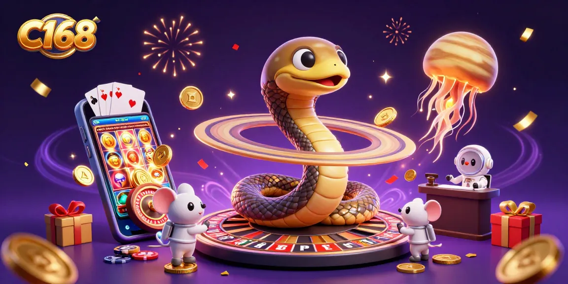 C168 casino scene featuring a Saturn ring snake roulette wheel, astronaut mice betting, and a golden jellyfish dealer.