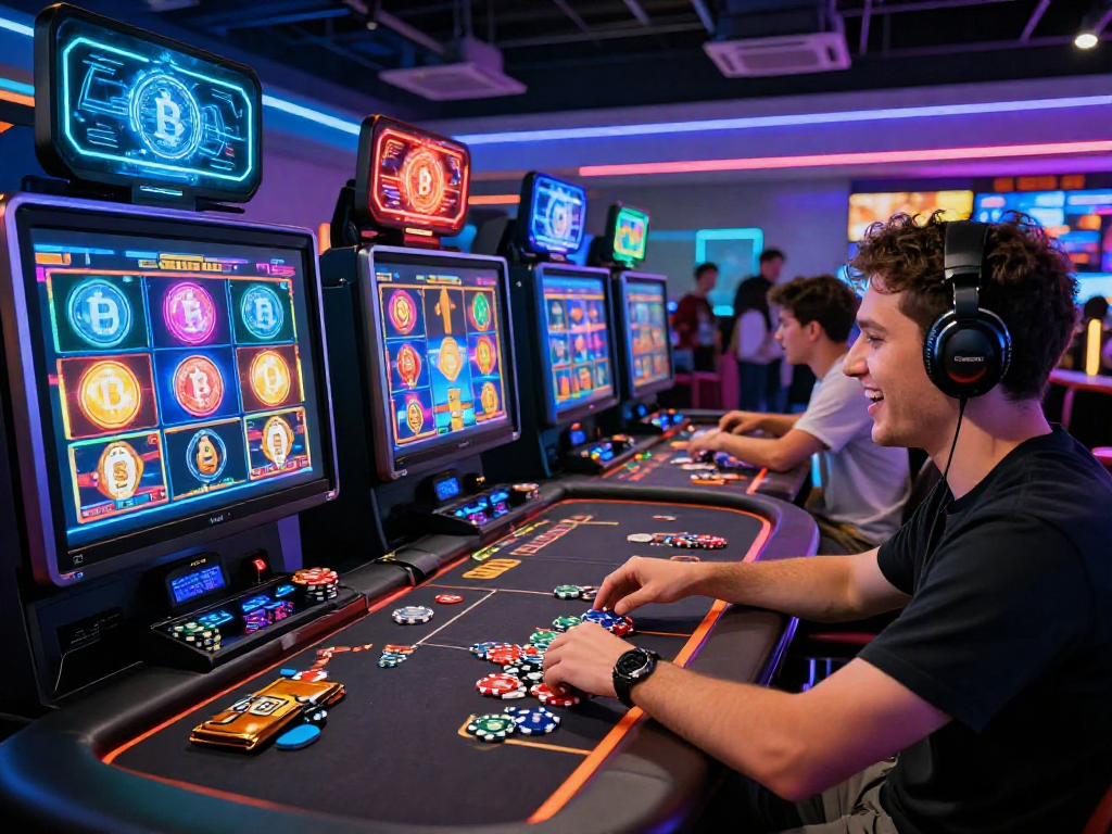 Dynamic crypto casino scene with excited player engaging in digital slot games and vibrant lighting.