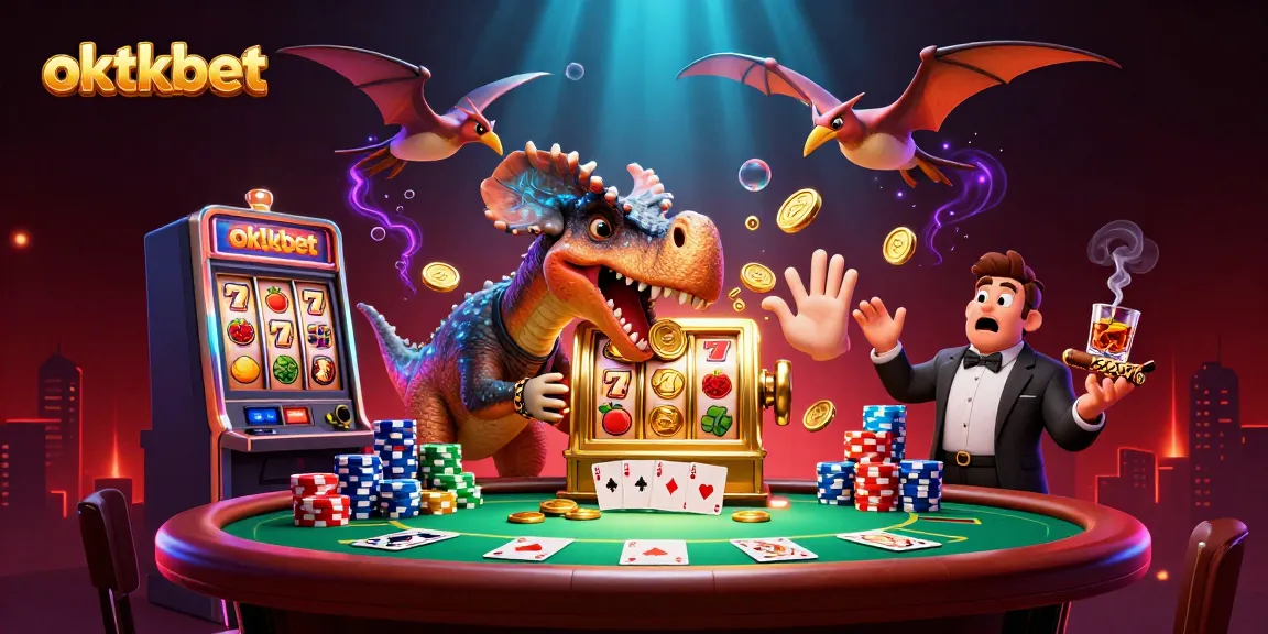 Catch jackpot payouts with oktkbet as a cartoon dinosaur plays slots in a vibrant casino atmosphere.