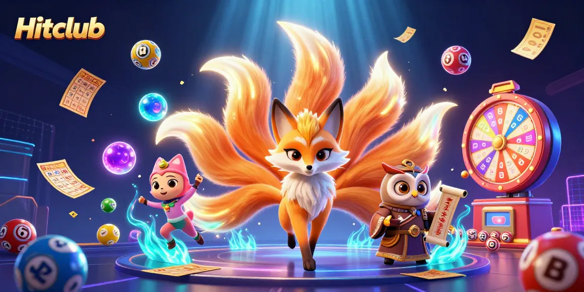 Hitclub's vibrant gaming world features colorful lotteries, a glowing fox spirit, and dynamic prize elements.