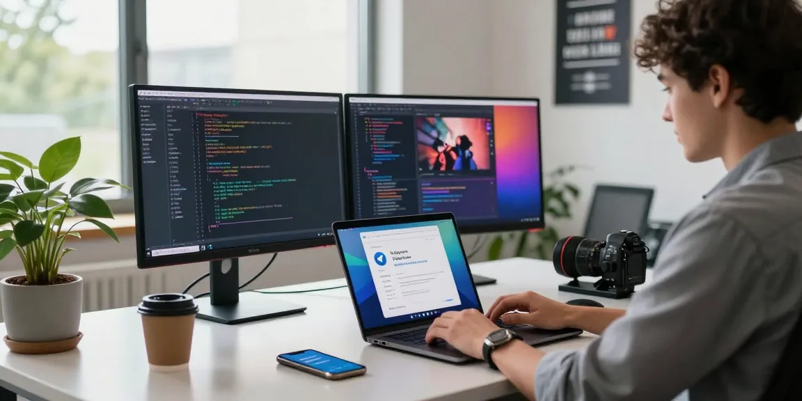Download Telegram on a laptop in a professional workspace, showcasing tech-savvy features and a dynamic environment.