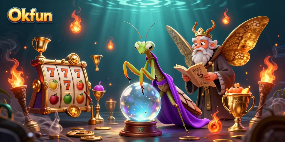 Engage with Okfun's dynamic casino experience featuring slot reels and mystical characters.