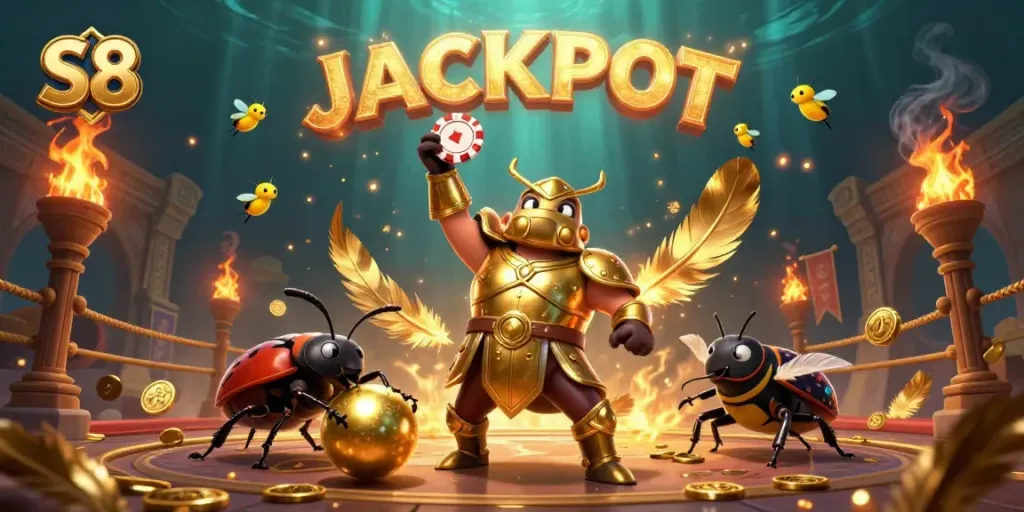 Experience thrilling wins with S8 in this vivid casino scene featuring vibrant characters and dramatic effects.