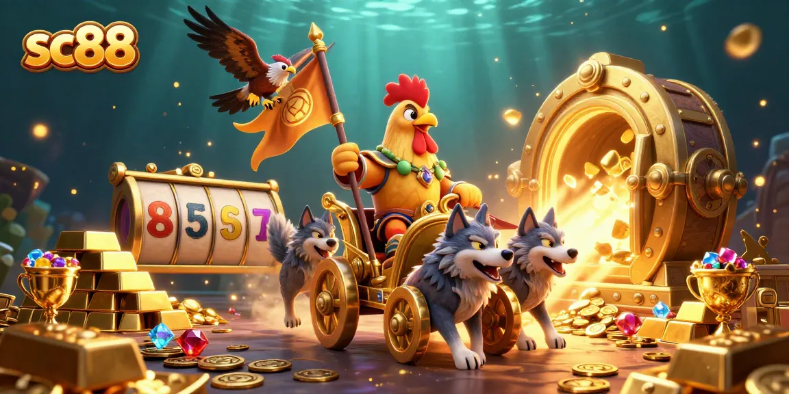 Engage in thrilling gameplay with sc88’s vibrant illustration featuring a rooster warlord and wealth elements.