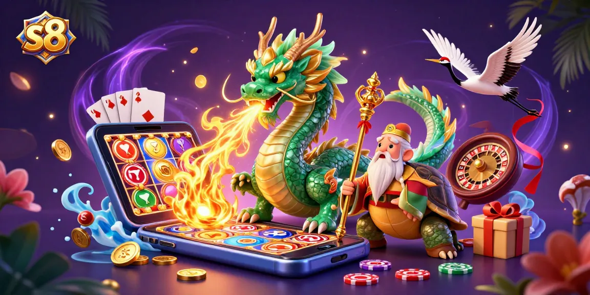 Experience thrilling gameplay with S8's vibrant gaming elements amidst a magical dragon and sage scene.