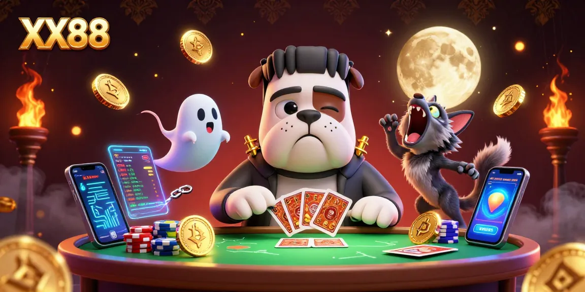 Experience thrilling Wins at XX88 with a spooky gaming scene featuring unique characters and cryptocurrency elements.