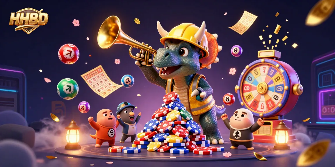 Win big with HHBD as a cheerful triceratops builds a poker chip pyramid in a vibrant casino scene.