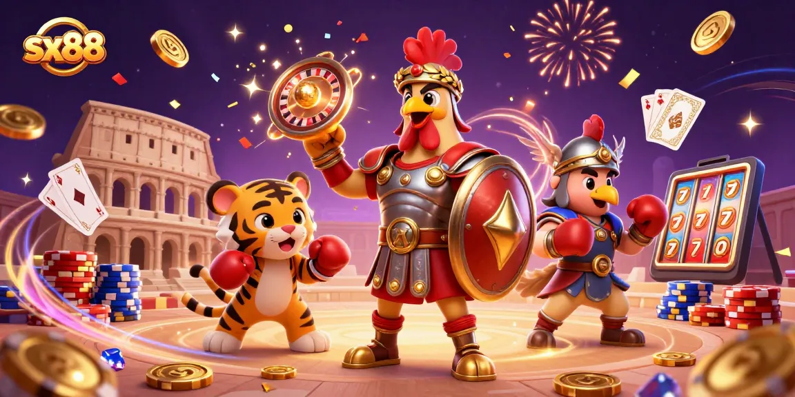 SX88 showcases an exciting 3D scene featuring a gladiator rooster and a tiger cub amidst dazzling casino elements.