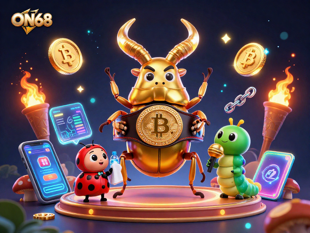 Engage with ON68's thrilling atmosphere featuring a golden stag beetle in a boxing match among crypto elements.