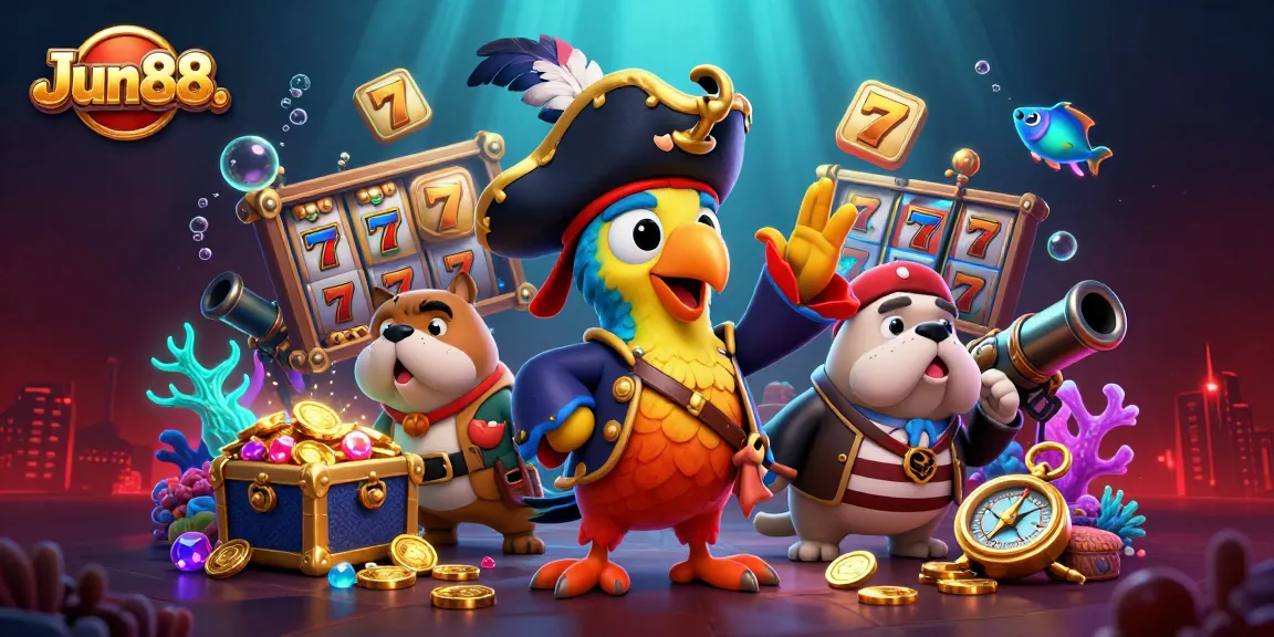 Engage with Jun88 for high-stakes excitement as a lively pirate captain leads a treasure-filled gaming adventure.