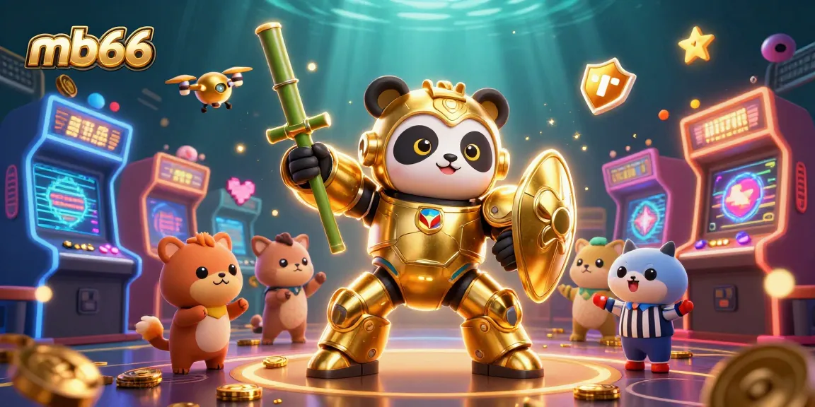 Engage with mb66’s vibrant casino action featuring dynamic gaming elements, a mech-suit panda, and cheering fans.
