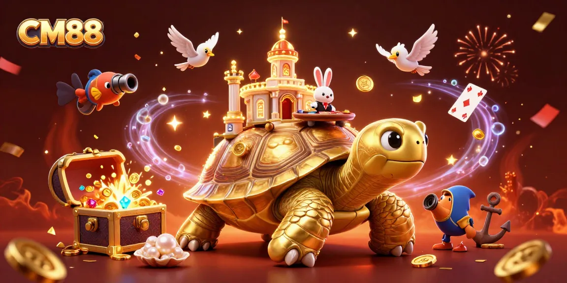 Experience thrilling gaming at CM88 with a golden tortoise casino and rabbit dealer in a vibrant scene.