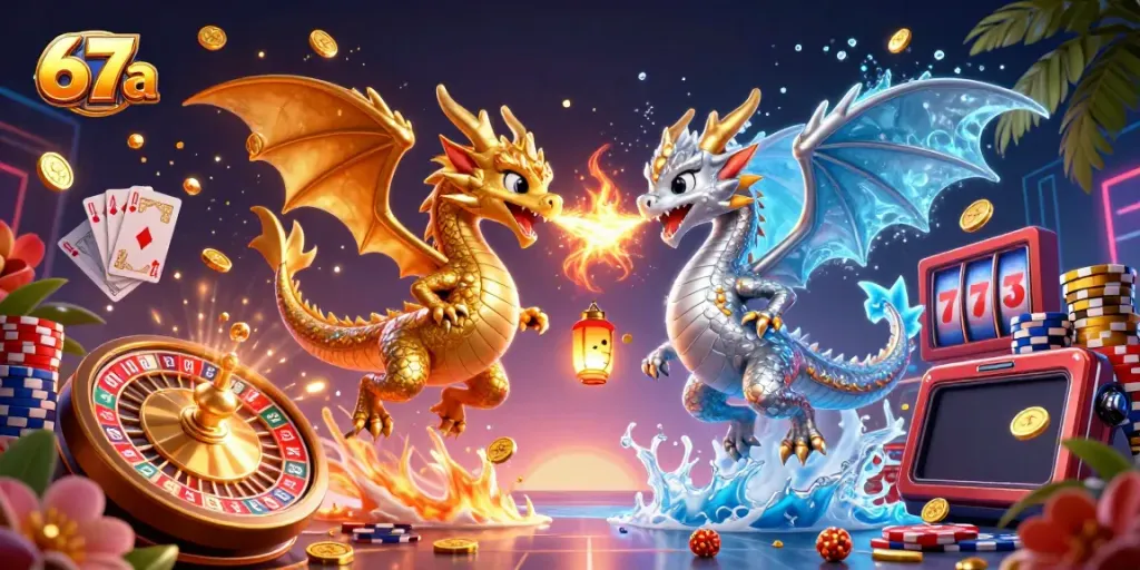 Experience thrilling gaming with 67a, featuring golden dragons, coins, and casino elements.