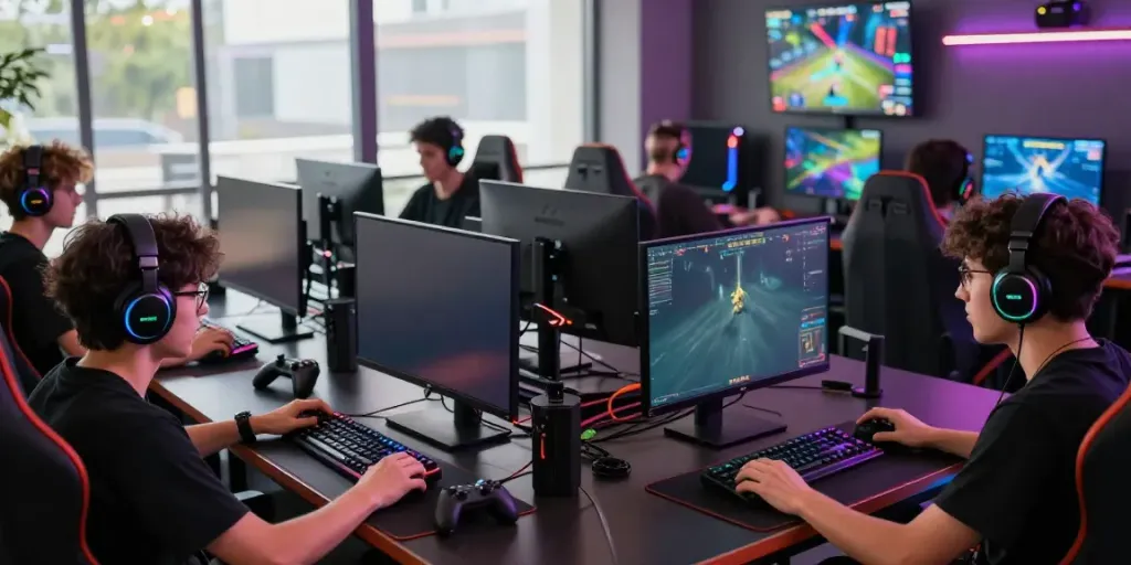 Competitive gaming scene featuring diverse players and high-tech setups, reflecting the excitement of rokok88 gaming.