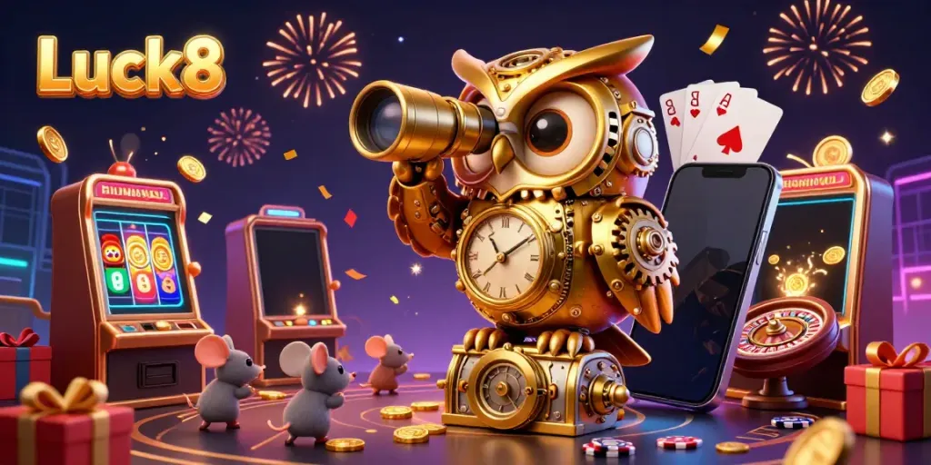 Luck8 engages players with a vibrant 3D scene of a golden owl and casino excitement.