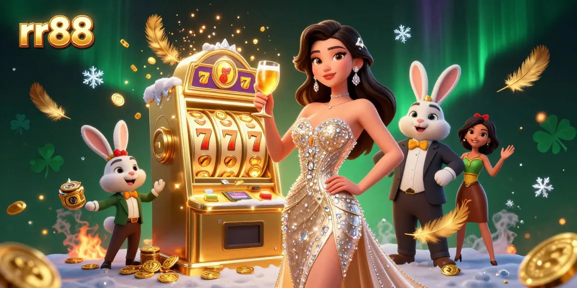 Win big at rr88 with a glamorous casino scene featuring a woman toasting by a jackpot slot machine.