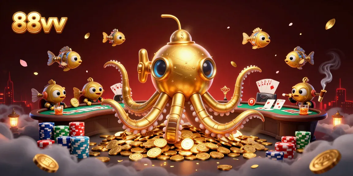 Engage with 88vv's thrilling golden kraken submarine experience amidst poker excitement and vibrant casino ambiance.