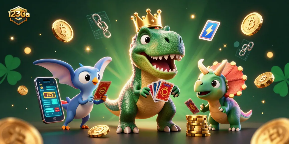 Join 123ga's thrilling crypto casino experience with a fun T-Rex shuffling cards.