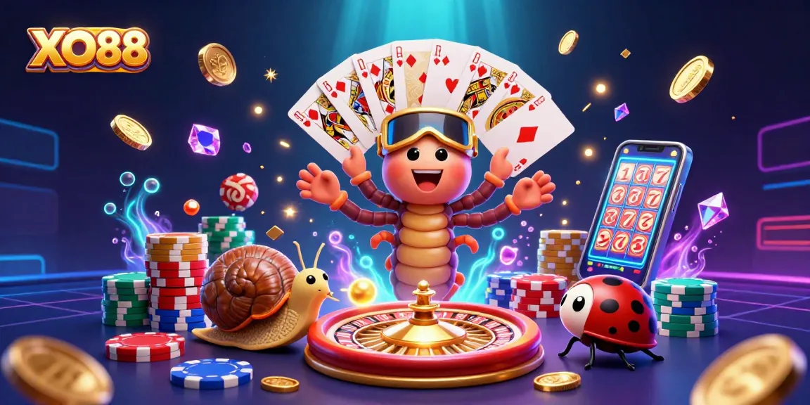Experience the thrill of XO88 with a 3D cartoon dealer handling cards amidst casino excitement.