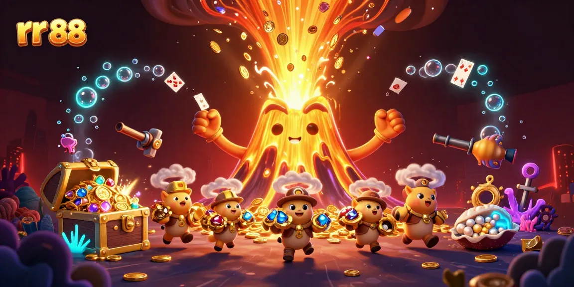 Win big at rr 88 with a thrilling 3D casino adventure featuring a golden volcano erupting with treasures.