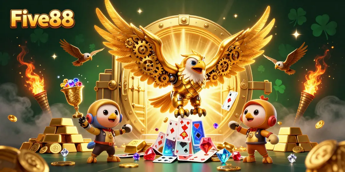 Experience thrilling gameplay at Five88 with vibrant 3D cartoon characters amidst treasures and casino elements.