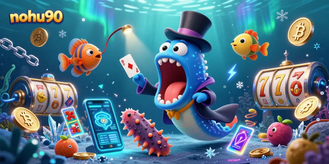 Nohu90 card tricks in a magical underwater casino scene with vibrant characters and glowing cryptocurrencies.