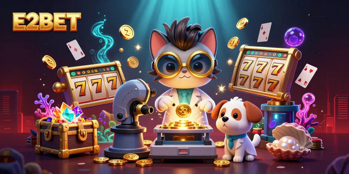 E2BET delivers thrilling excitement with dynamic gold coins, sparkling slot reels, and engaging characters in a vibrant casino scene