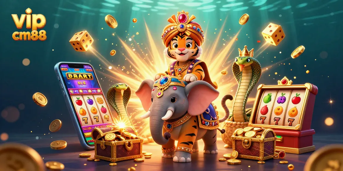 Experience vip cm88 with our vibrant casino-themed art featuring a maharaja tiger and elephant.