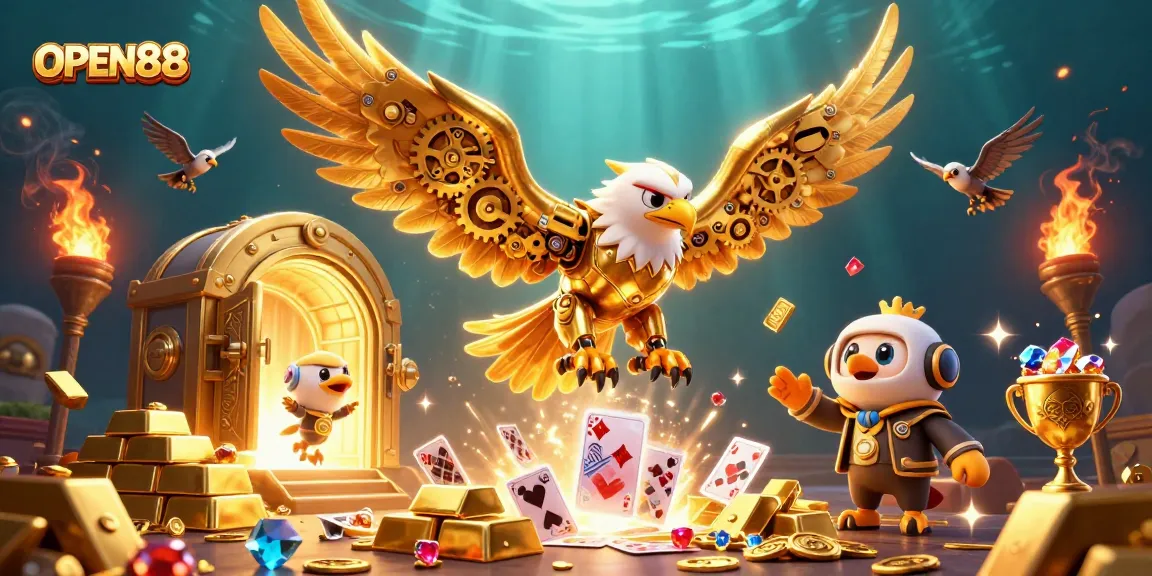 Experience the thrill of OPEN88 with a cybernetic eagle amid a dazzling casino treasure.