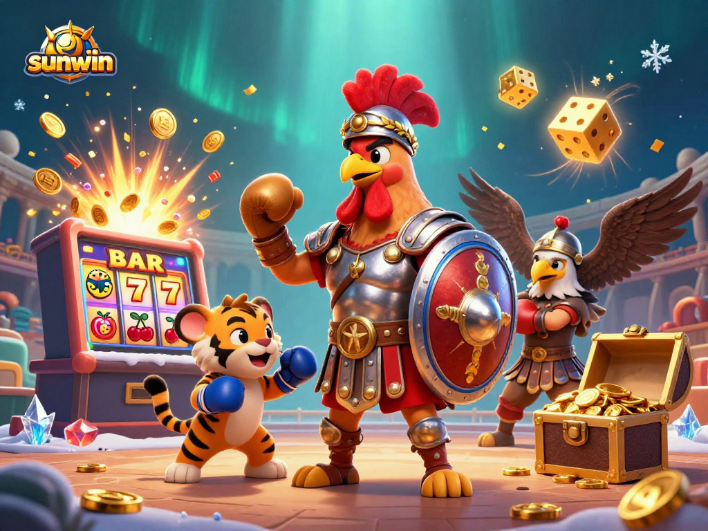 Experience thrilling wins at Sunwin with a dynamic scene featuring a gladiator rooster and casino elements.