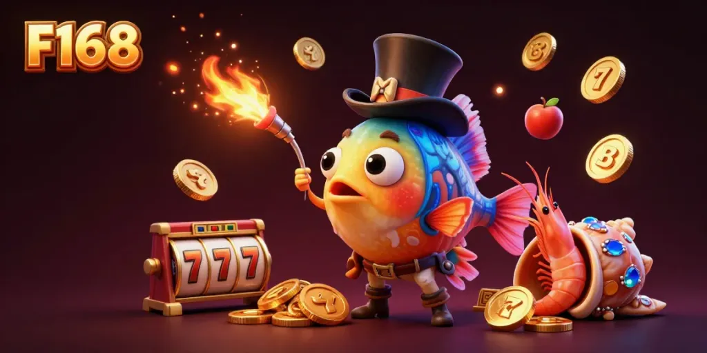 Join F168 for thrilling gameplay as the deep-sea anglerfish lures golden coins in a vibrant casino-themed scene.