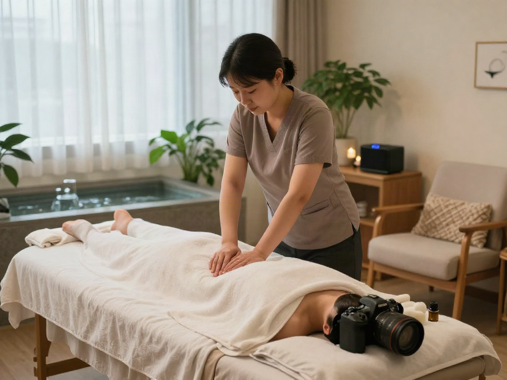 안양출장마사지 setup with therapist preparing serene spa environment and essential oils.