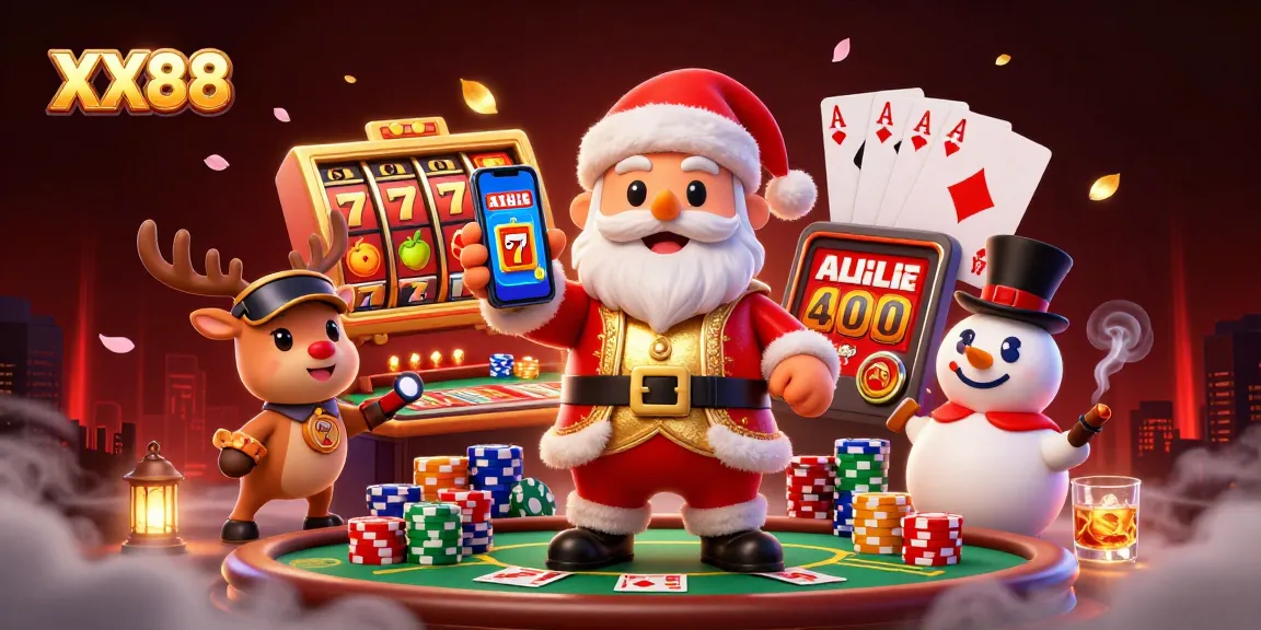 Experience the excitement of XX88 online slots as Santa celebrates wins with poker-themed friends.