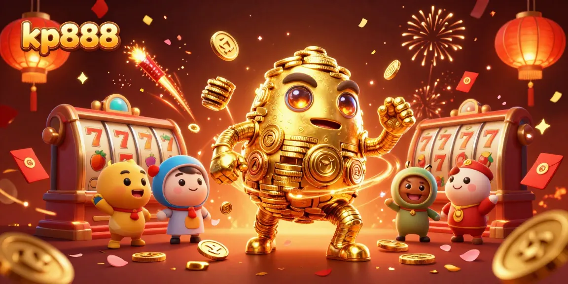Engage in the thrilling slots experience with kp888, featuring a golden golem and lively casino elements.