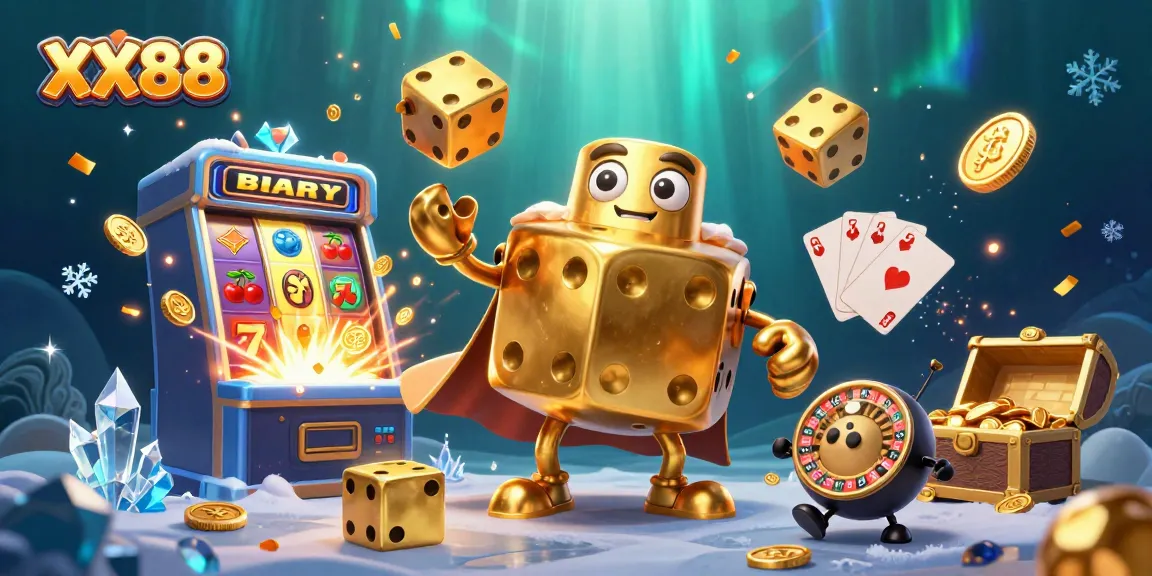 Experience thrilling gaming with XX88's vibrant casino scene featuring winning golden dice and a jackpot.