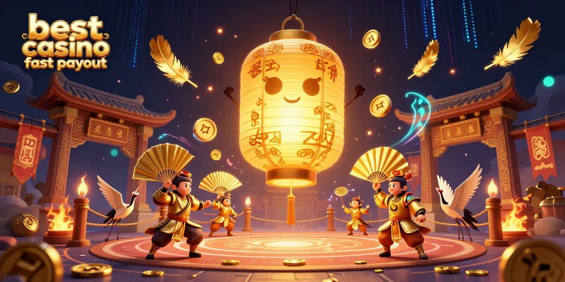 Win with the best casino fast payout, vibrant illustration showcasing golden lanterns and warriors at a dynamic casino scene.