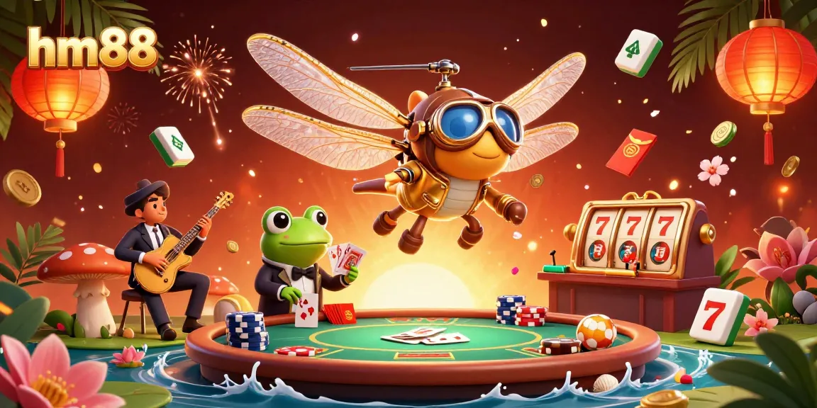 hm88 engages players in a vibrant casino scene with poker tables, characters, and festive elements.