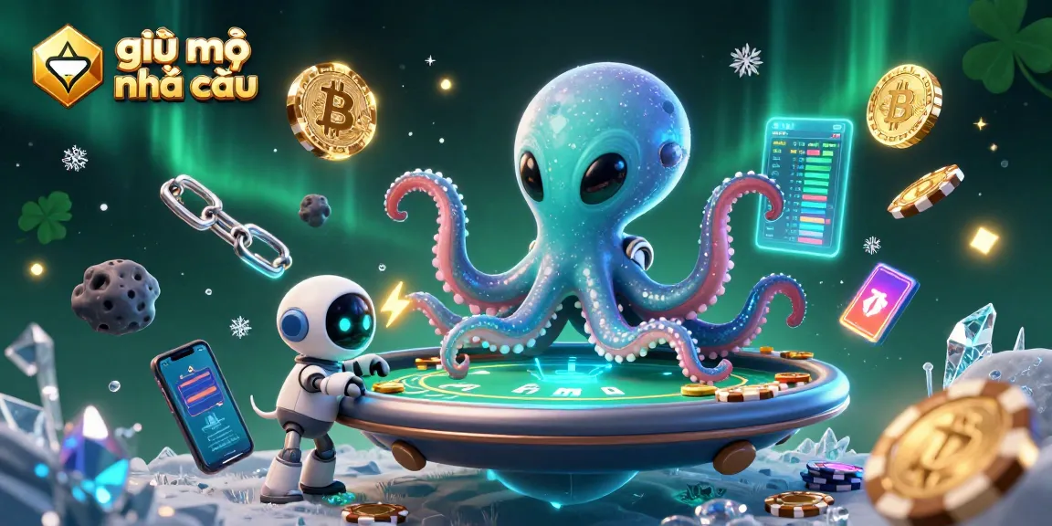 Engage with giải mã nhà cái in a dynamic 3D casino scene featuring an alien octopus and crypto elements.