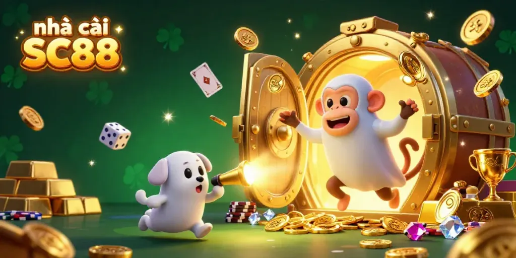 Experience the thrill of gaming at nhà cái SC88 with a magical casino scene featuring a mischievous monkey and a brave puppy.